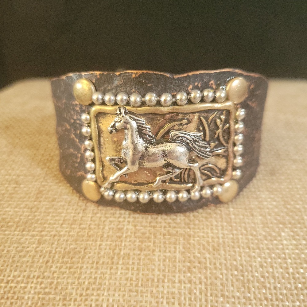 Western Horse Cuff Bracelet Mixed Metal Equestrian Wide Band One Size